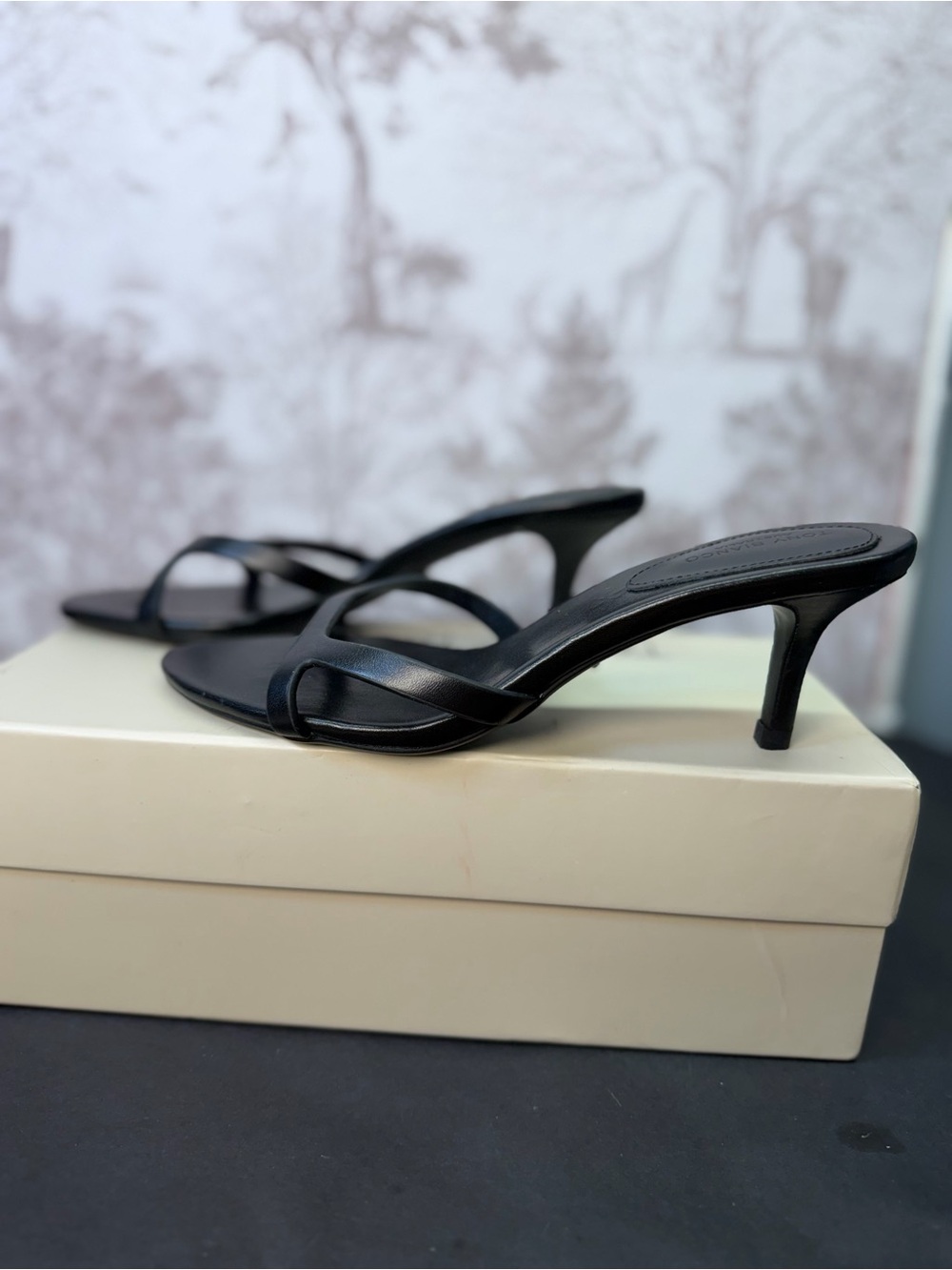 Tony Bianco Daisy Sandal in Black Como leather mid heel almond toe slip-on - Picture 6 of 8